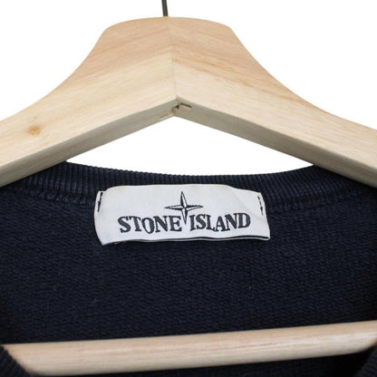 Stone Island navy blue cotton sweatshirt with iconic compass logo and ribbed cuffs.