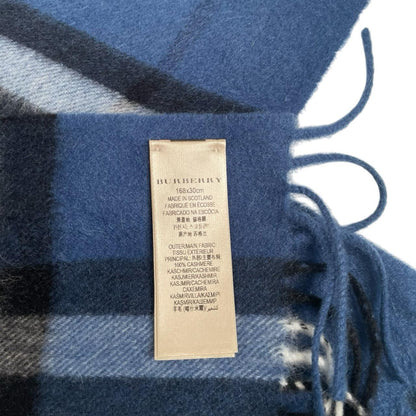 Burberry blue cashmere scarf featuring iconic Nova Check pattern and logo.