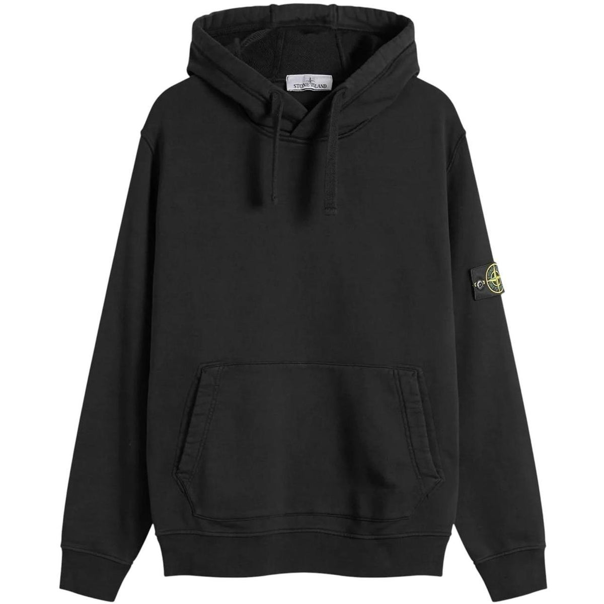 Stone Island black hoodie jumper with logo patch and cotton material, size XL.