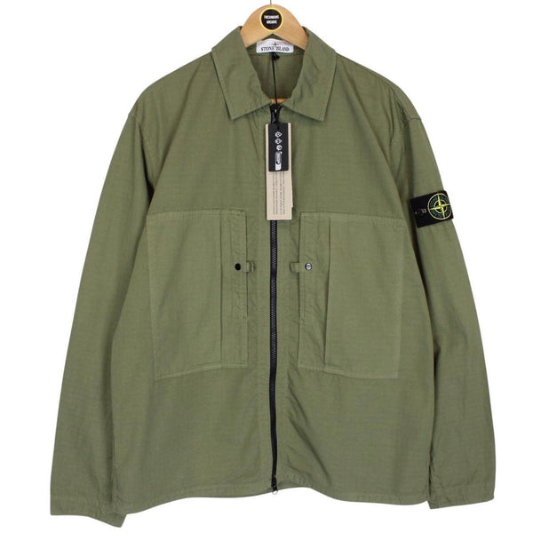Stone Island green ripstop full zip overshirt jacket with logo patch and cotton material.