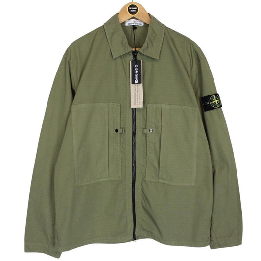Stone Island green ripstop full zip overshirt jacket with logo patch and cotton material.