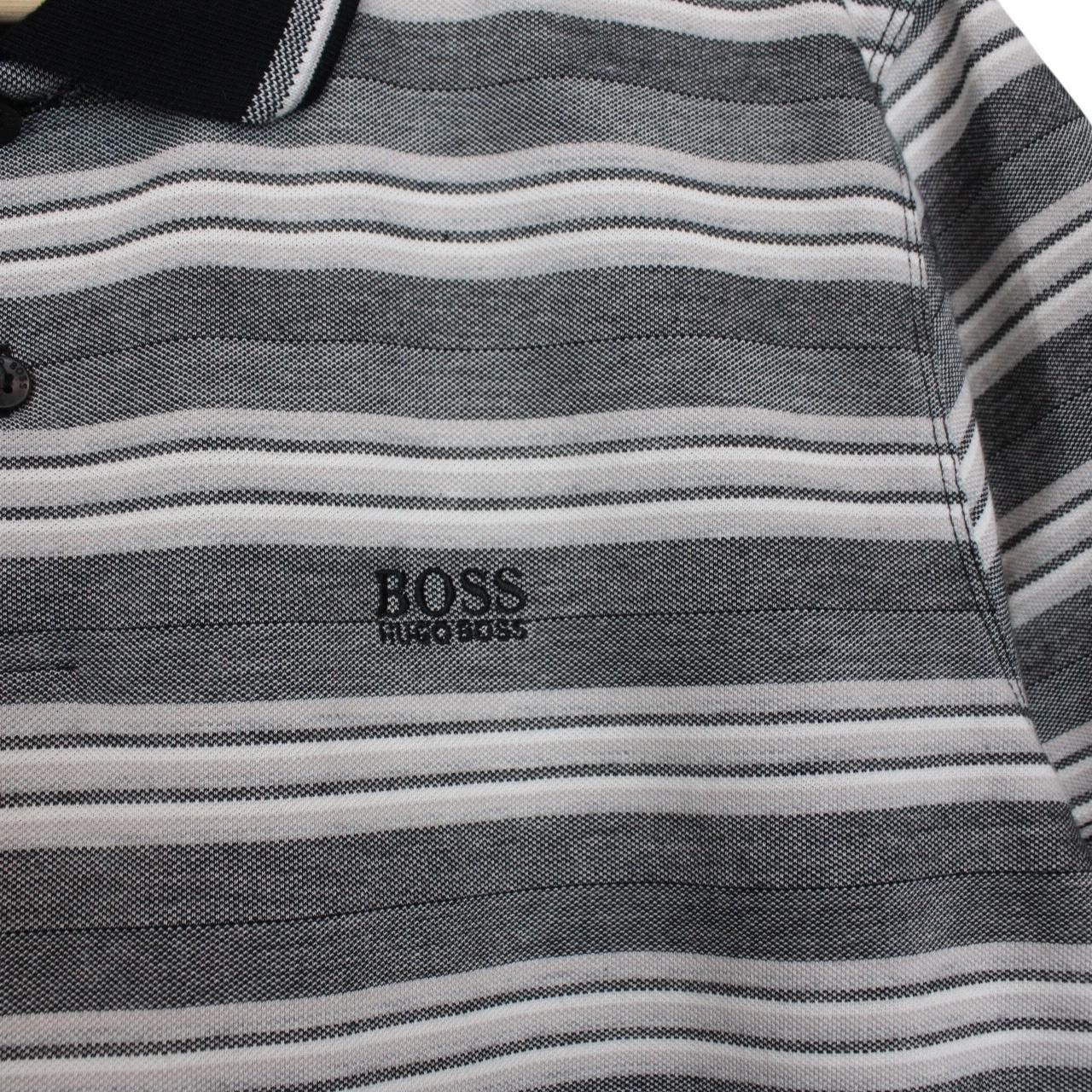 Hugo Boss grey striped short sleeve polo shirt in soft pima cotton fabric.
