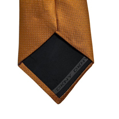 DKNY vintage silk tie in mustard brown with subtle sheen and classic design.