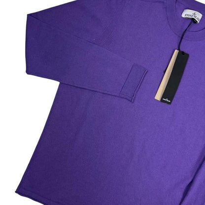 Stone Island purple knit jumper made from organic cotton with logo patch detail.