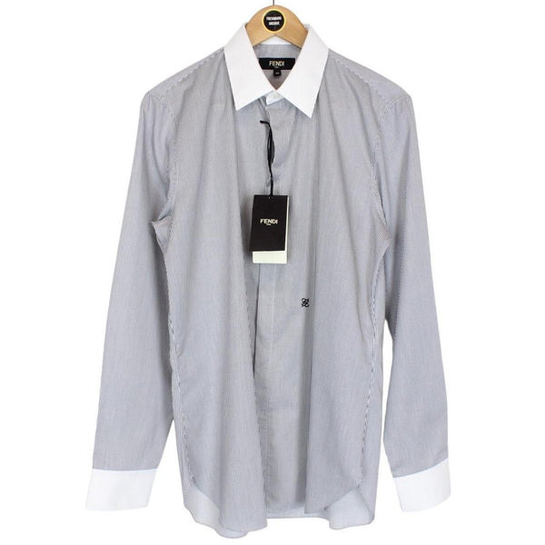 Fendi Navy Blue and White Striped Long Sleeve Cotton Formal Shirt