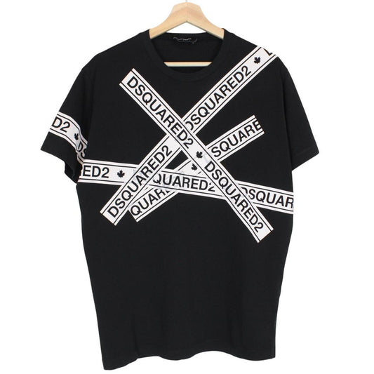 Dsquared2 Black and White Tape Logo Print Short Sleeve T-Shirt