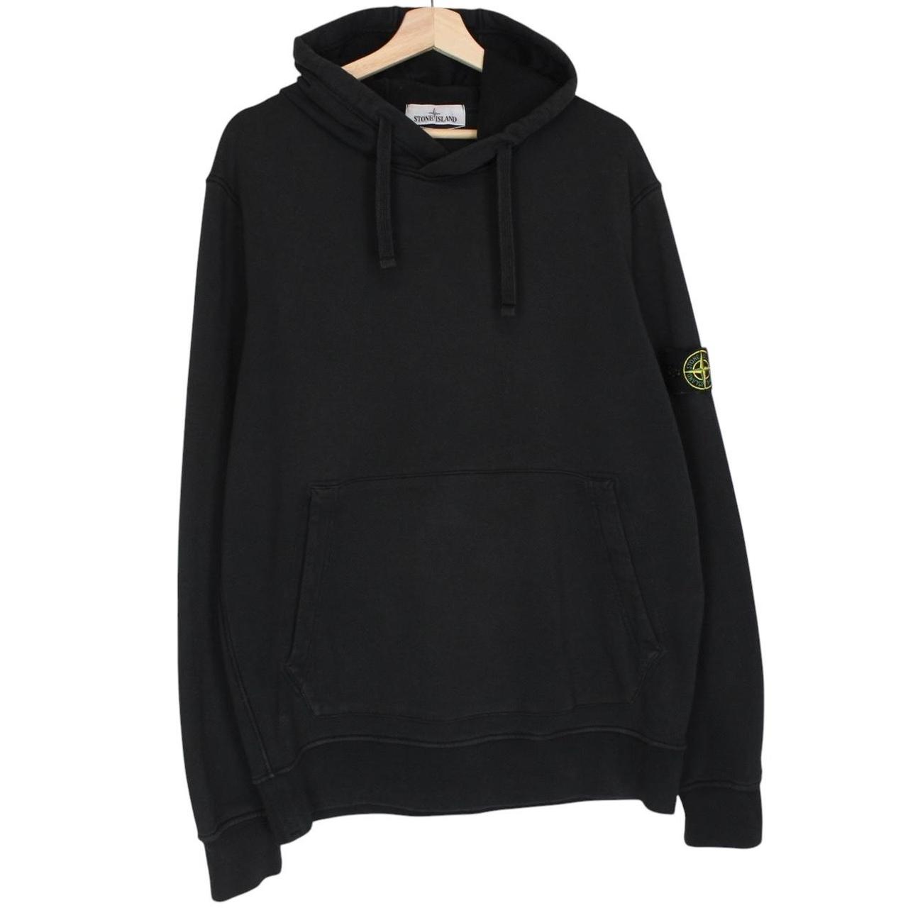 Stone Island black hoodie jumper with embroidered compass logo and cotton material.