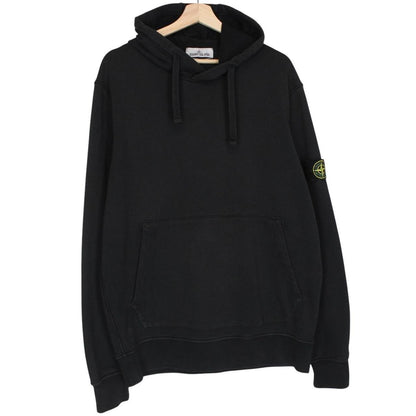 Stone Island black hoodie jumper with embroidered compass logo and cotton material.