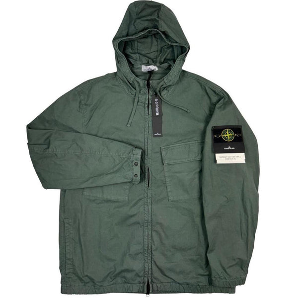 Stone Island green hooded jacket with full zip, Supima cotton twill material, logo patch.