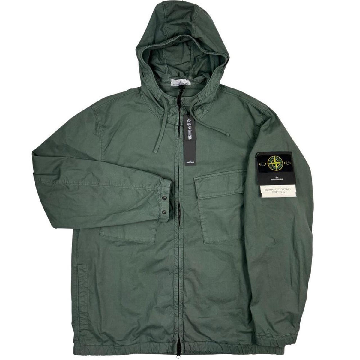 Stone Island green hooded jacket with full zip, Supima cotton twill material, logo patch.