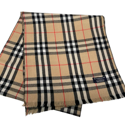 Burberry tan brown lambswool scarf featuring classic Nova Check pattern.