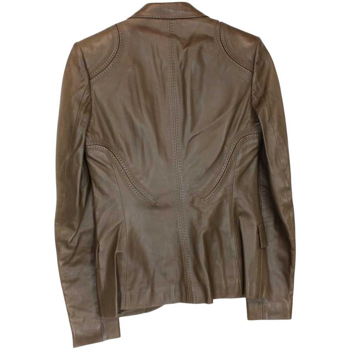 Gucci brown leather blazer jacket with logo detailing and classic tailored fit.