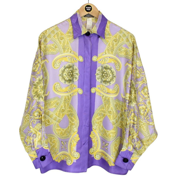 Vintage 90s Gianni Versace Purple and Gold Long Sleeve Baroque Silk Shirt