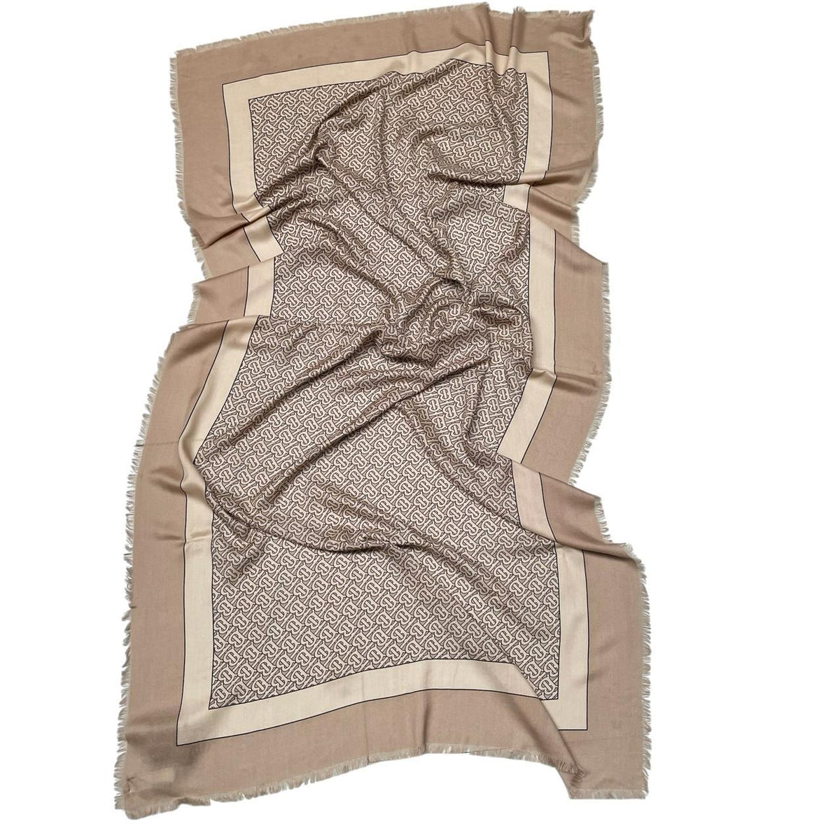 Burberry cashmere shawl scarf tan brown and beige TB monogram pattern.