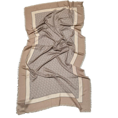 Burberry cashmere shawl scarf tan brown and beige TB monogram pattern.