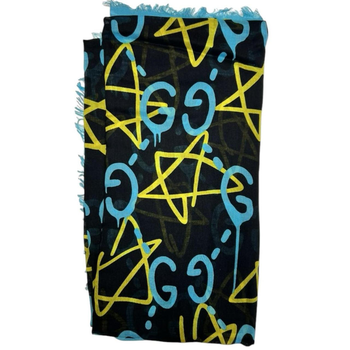 Gucci black and blue modal silk scarf with GG star pattern and logo.