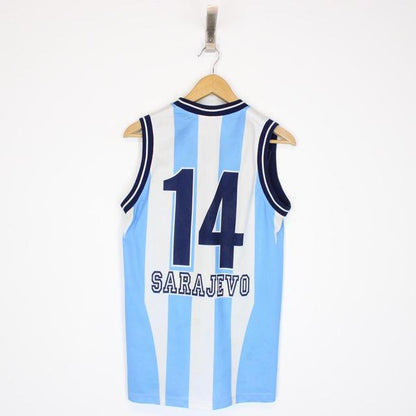 Vintage ZKK Zeljeznicar Sarajevo Blue and White Striped Basketball Vest Jersey