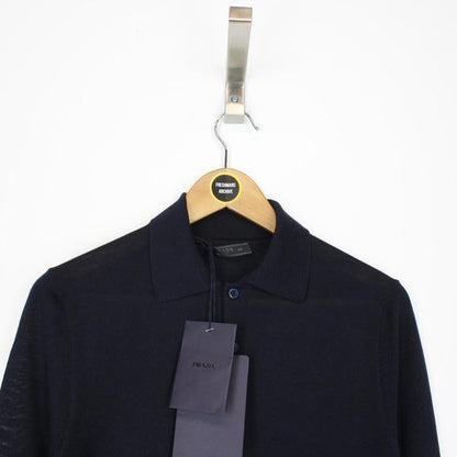 Prada 2023 Navy Blue Virgin Wool Knit Collared Sweatshirt Jumper