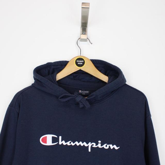 Vintage 00s Champion Navy Blue Spellout Hoodie Jumper