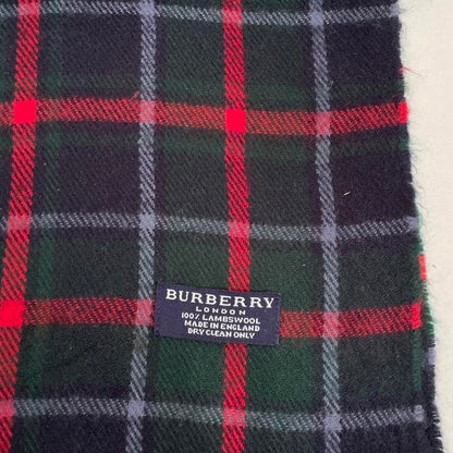 Vintage 90s Burberry Navy Blue, Red and Green Check Lambswool Scarf