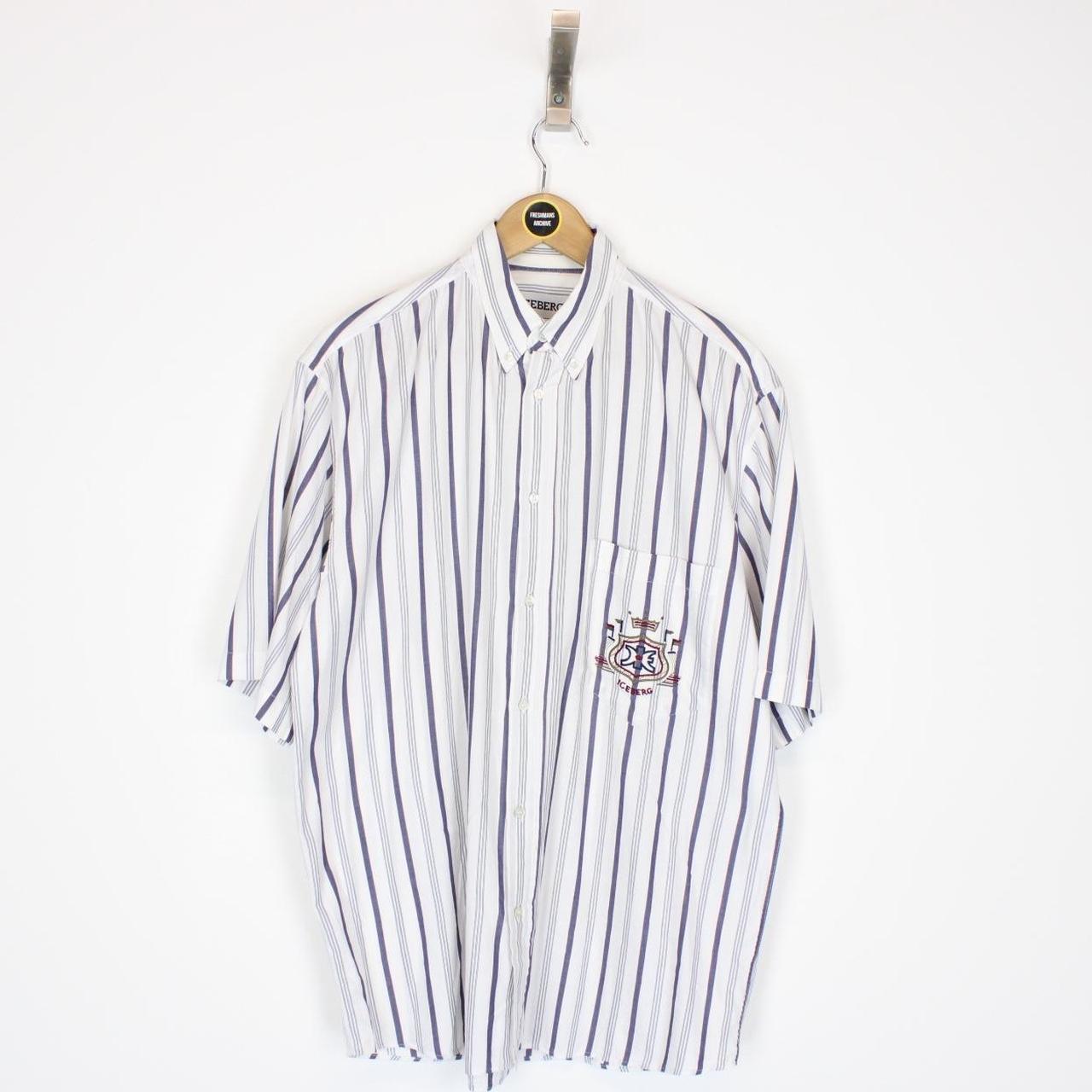 Vintage 90s Iceberg White and Navy Blue Striped Short Sleeve Shirt