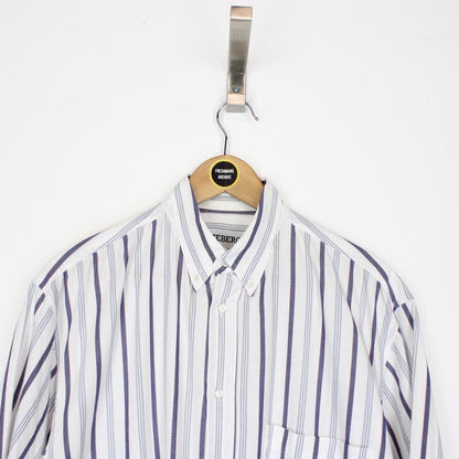 Vintage 90s Iceberg White and Navy Blue Striped Short Sleeve Shirt