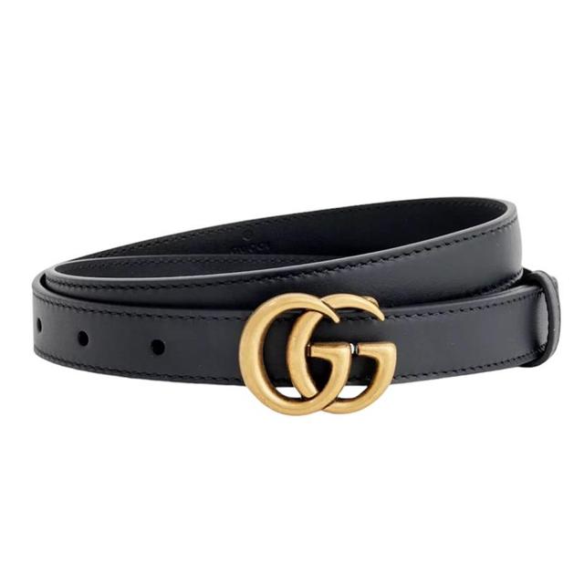 Gucci Black and Gold Marmont Thin Leather Belt with GG Buckle